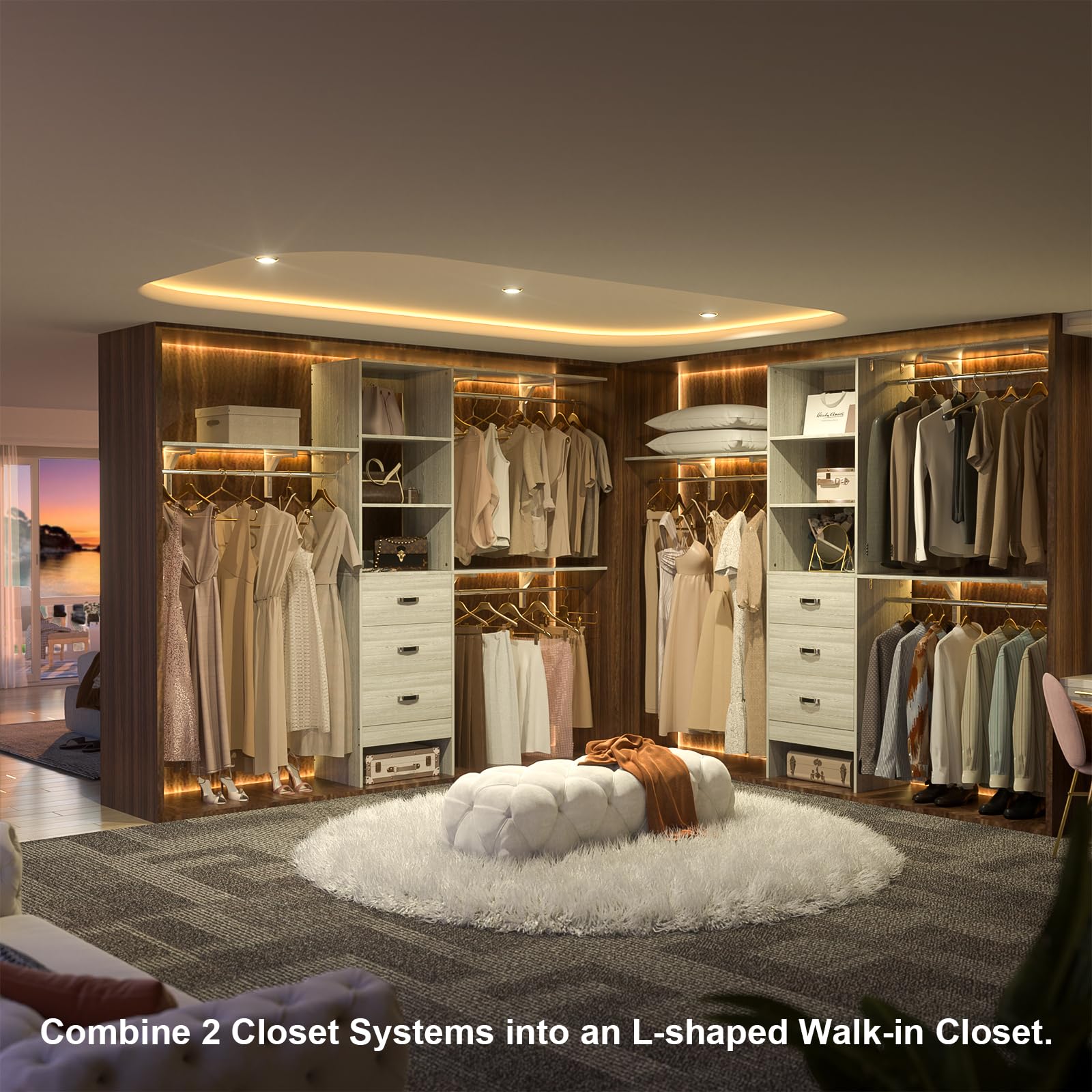 iSunirm 8FT Closet System, 96'' Closet Organizer System with 3 Hanging Rods, Wall Mount Bedroom Wardrobe with 3 Drawers Walk-in Closet, Adjustable Cloth Garment Rack from 5 to 8FT (Cut to Fit), Black