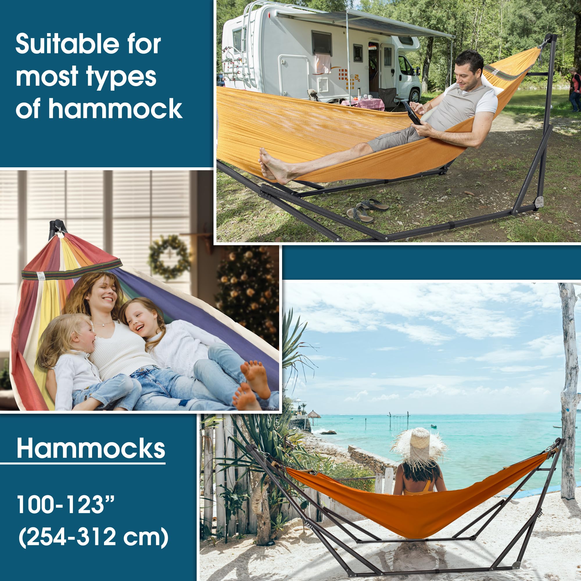 Tranquillo Unity Adjustable Hammock Stand, Hammocks Stands for The Garden, 800 lbs Capacity Steel Double Hammock Stand for 2 Persons, Premium Pre-Assembled Stand (Steel, Aegean)