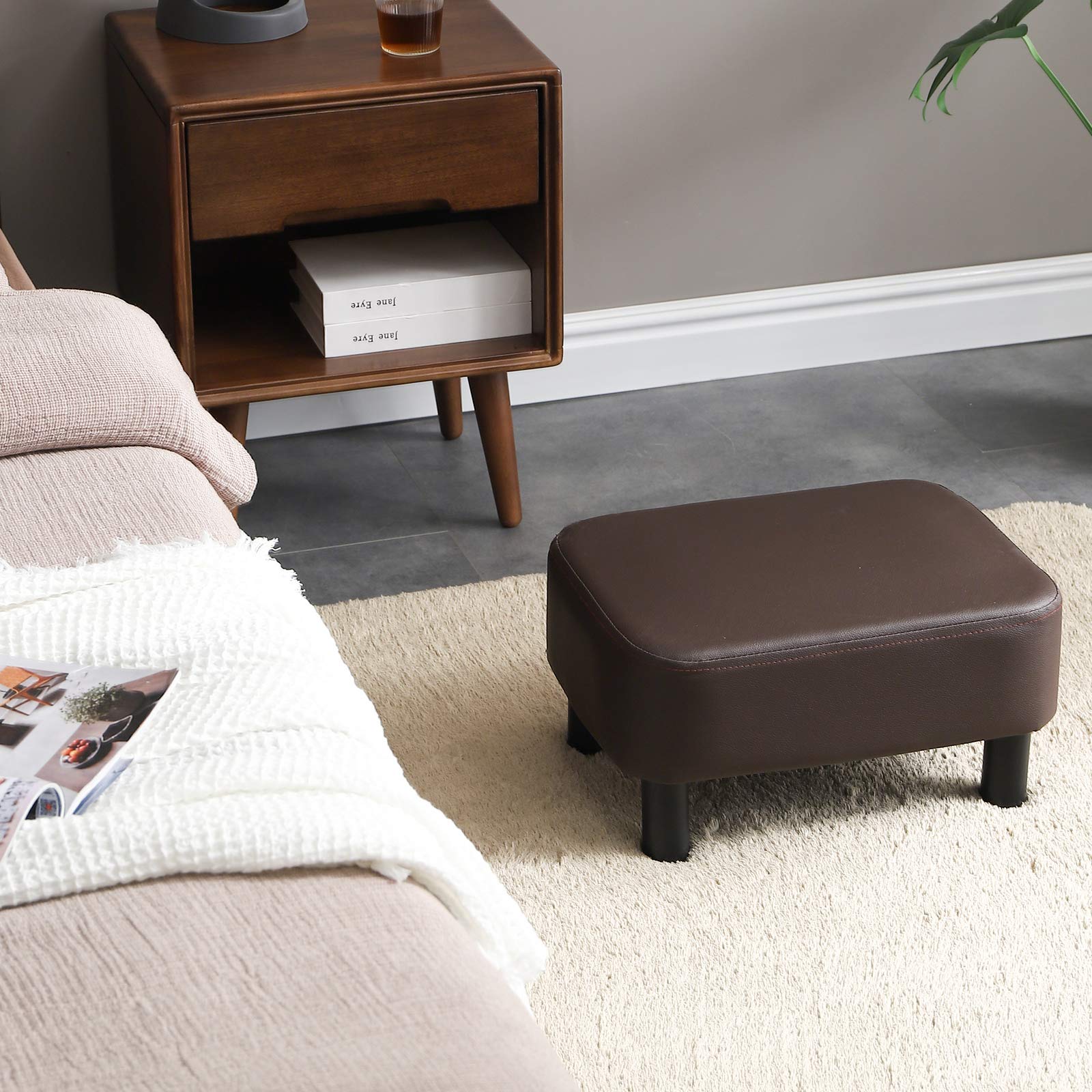 IBUYKE 16.54" Small Footstool, PU Faux Leather Step Stool, with Padded Seat Pine Wood Legs and Padded Rectangular Stool, for Bedroom, Black RF-BD210