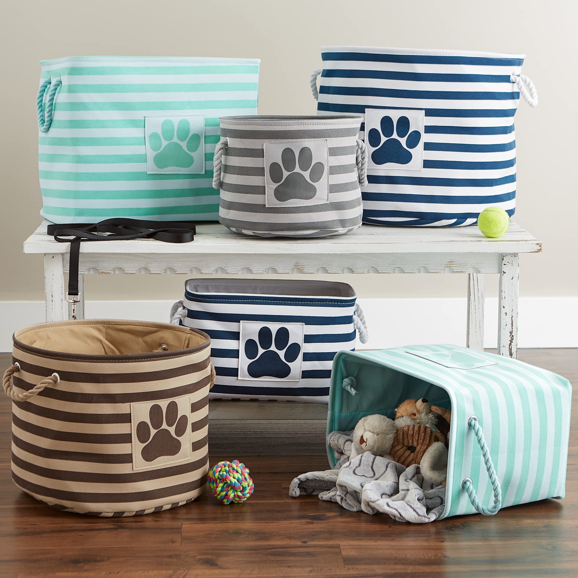 Bone Dry Pet Storage Collection Striped Paw Patch Bin, Aqua, Small Rectangle