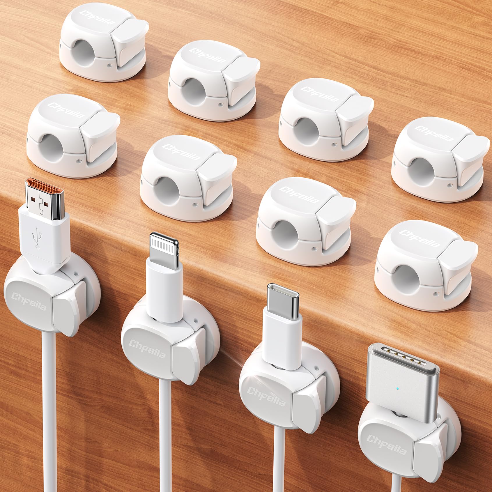 Cable Clips - Chfeila Latest Dual Spring Cord Organizer with Clasp Lock, 6Pack [Max Stability] Desk Cable Management, Adhesive Phone Charging Wire Holder for Nightstand/Car/Wall, Office Accessory