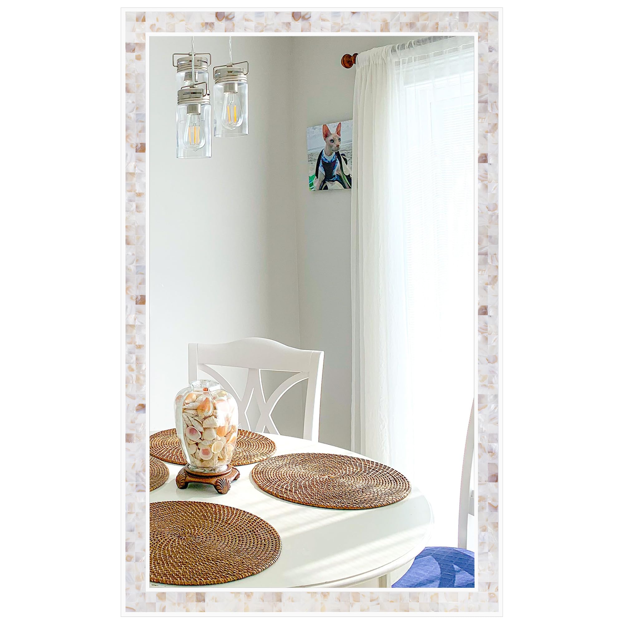 Tanmicoshomy Round Wall Mirror 24 Inch,Circle Mosaic Mirror with Natural Mother of Pearl and Wood Frame, Decorative Coastal Round Wall Mirror for Bathroom Bedroom Living Room Entryway