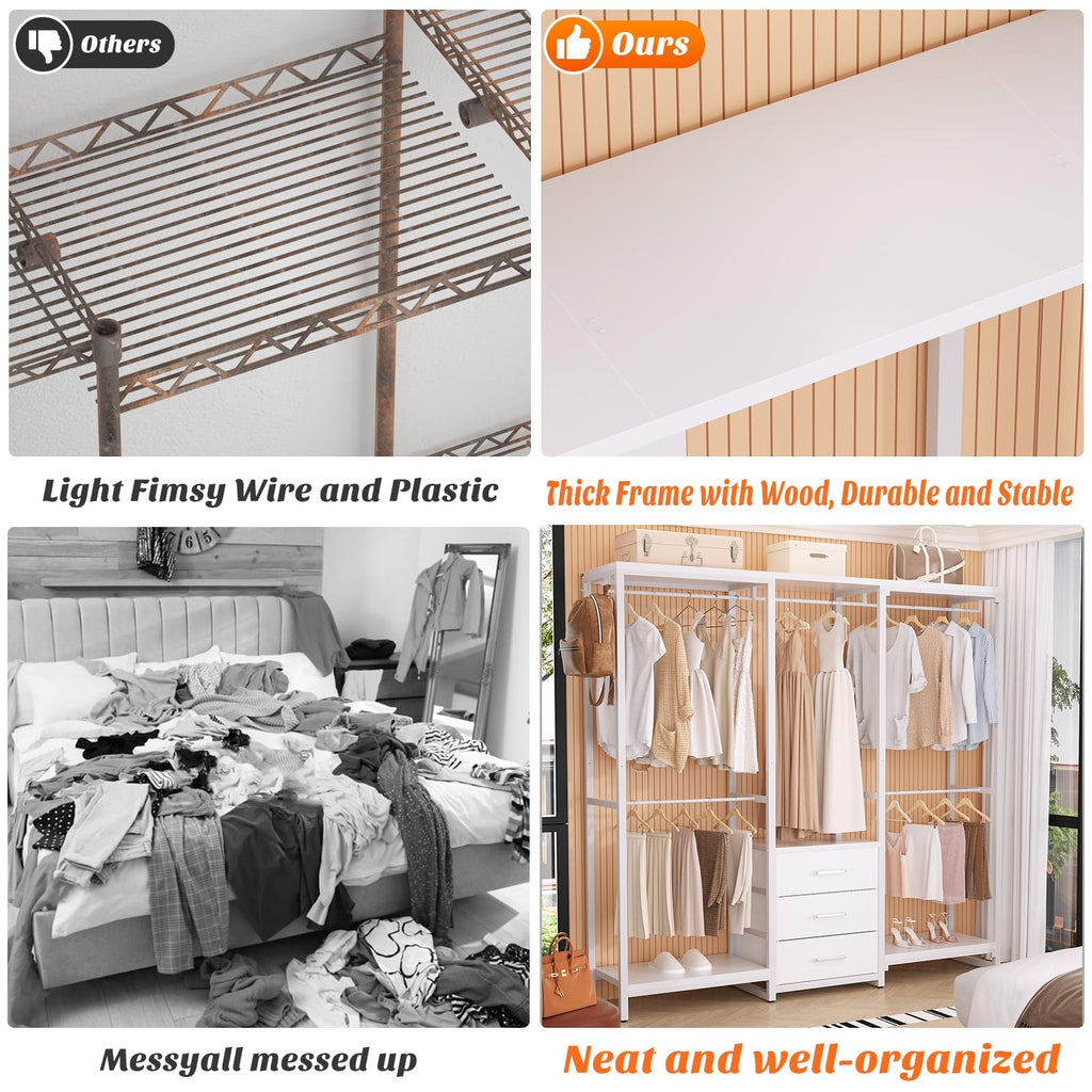 Aheaplus Garment Rack Heavy Duty Clothes Rack for Hanging Clothes,Clothing Rack with Drawers, Wood Stoarge Shelf Freestanding Closet Wardrobe Rack, Corner L Shaped Closet System Organizers, Grey