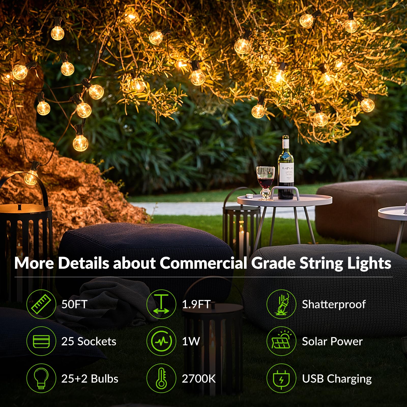 Lakumu 34FT G40 Solar String Lights, Globe Outdoor String Lights with 15 E12 Waterproof LED Bulbs, 2700K Shatterproof Patio Lights, Solar Powered Hanging Lights