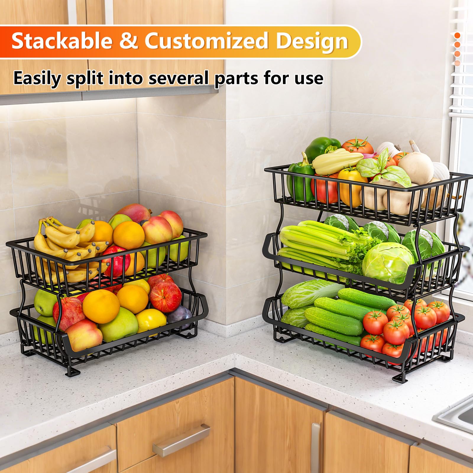 Gsiekare Fruit Vegetable Basket for Kitchen, 4 Tier Stackable Fruit Vegetable Storage Baskets with Wheels, Metal Wire Storage Basket Organizer Baskets for Kitchen, Pantry, Bathroom