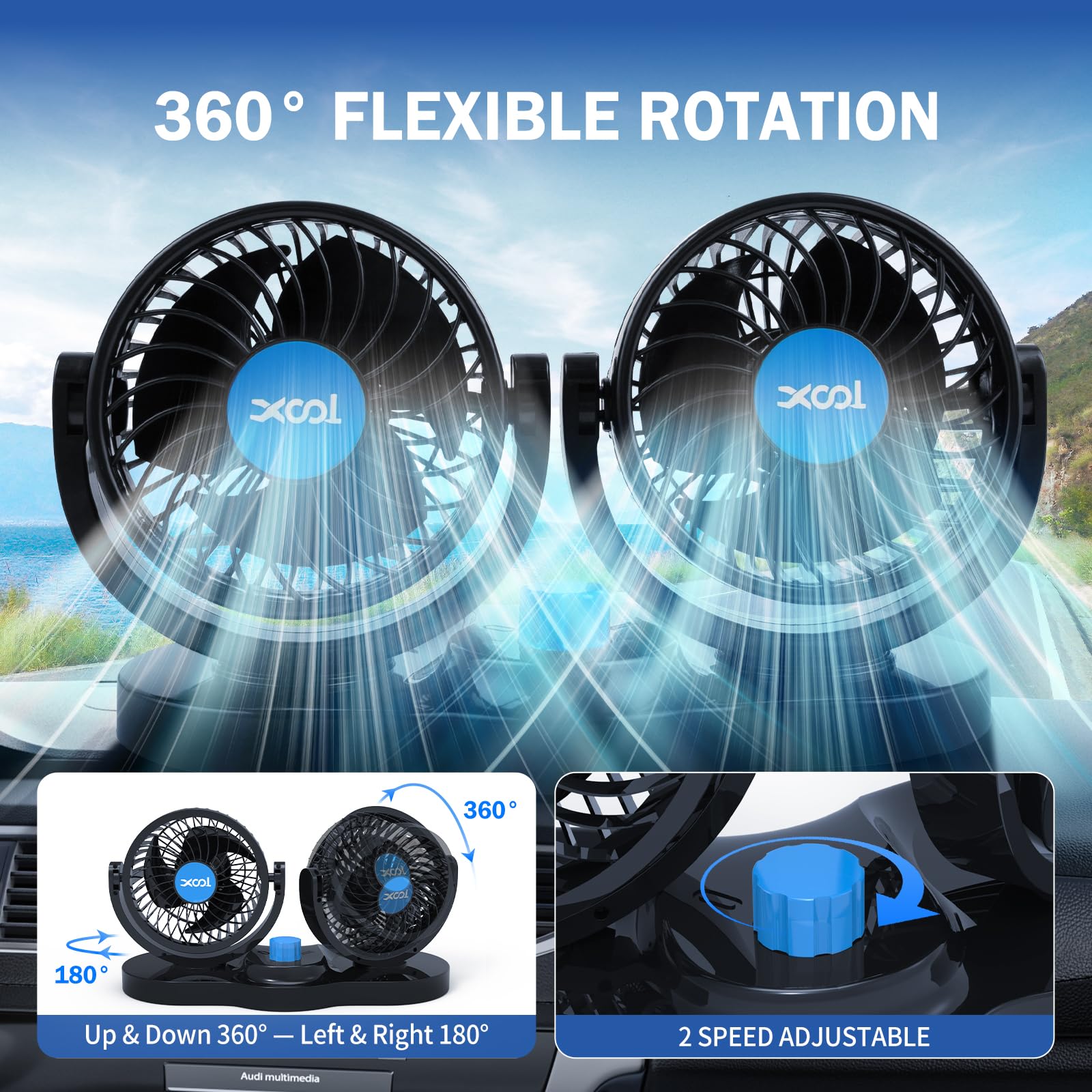 XOOL Clip Car Fan, 9 Inches 12V/24V Fan, 360° Rotatable Electric Cooling Clip on Fan with Stepless Speed Regulation for SUV, RV, Truck
