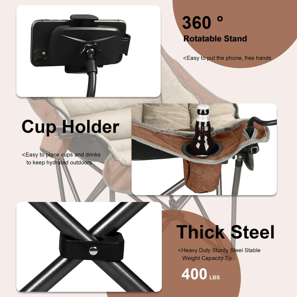 Northroad Oversized XL Padded Camping Chair w/Cell Phone Holder, Large Camp Chair, Foldable Lawn Chair w/Cup Holder,Carry Bag for Outdoor Hiking, Picnics, Heavy-Duty 400-lbs Capacity, Moca