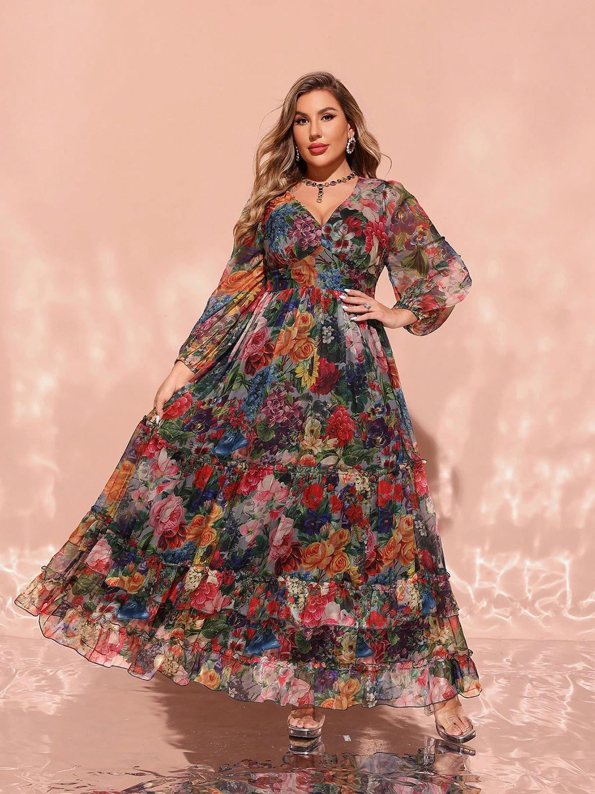 Spring Summer 2024 Plus Size Womens Dresses V Neck Casual Elegant Long Sleeve Floral Print Maxi Dress