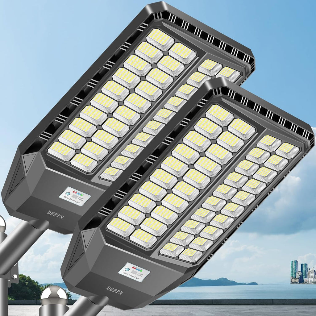Deepn 9000W Solar Street Light, Bright LED Security Solar Flood Light with Motion Sensor & Dusk to Dawn, IP67 Waterproof Commercial Lights Outdoor for Outside, Parking Lot, Street, Yard (2)