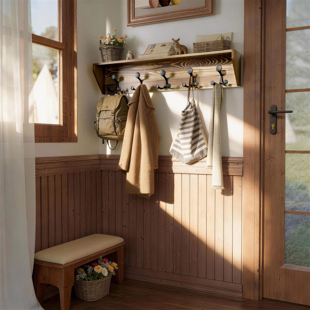 SKOLOO Wall Shelf with Hooks, 24-Inch Cherry Coat Rack Wall Mount with Shelf Organizer - Heavy Duty, 4 Tri Hooks - Perfect for Entryway, Hallway, Living Room, Bedroom, Mudroom