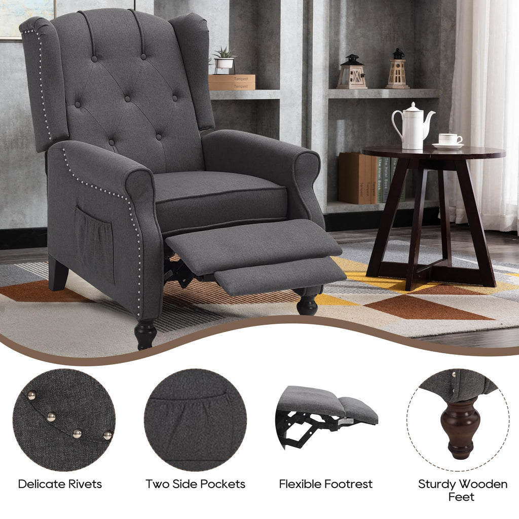 Wingback Chair with Massage and Heat, Tufted Fabric Pushback Recliner Chair, Wingback Recliner Chair with Remote Control, Padded Cushion, Wooden Legs, Small Recliners for Small Spaces