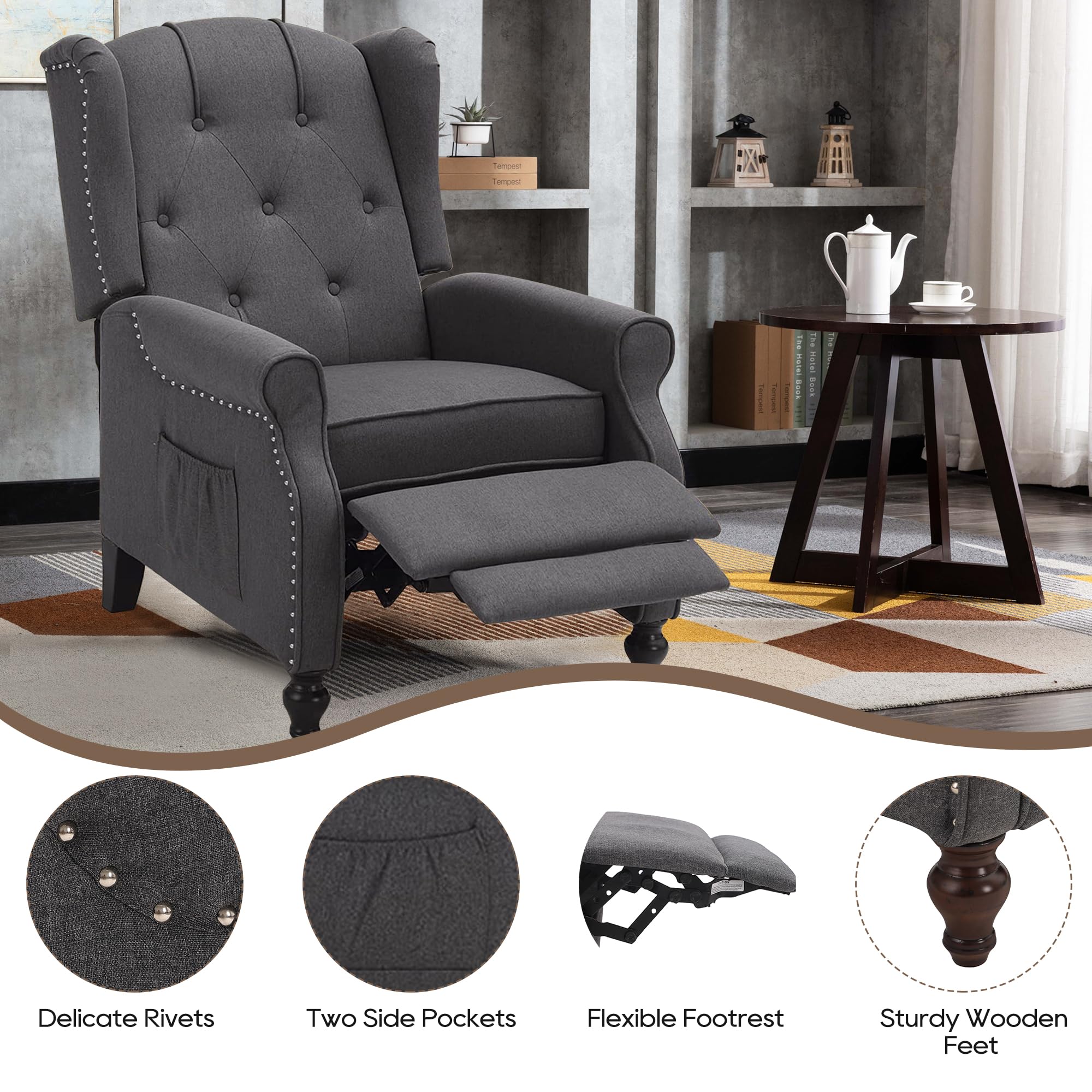 Wingback Chair with Massage and Heat, Tufted Fabric Pushback Recliner Chair, Wingback Recliner Chair with Remote Control, Padded Cushion, Wooden Legs, Small Recliners for Small Spaces