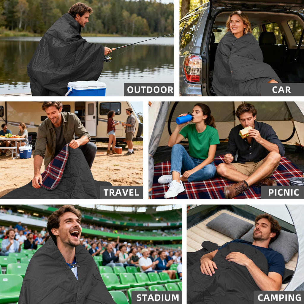 Large Outdoor Waterproof Blanket Extra Thick Fleece Stadium Blanket for Camping, Car, Pet, Picnics - Windproof, Wearable, Machine Washable 80" x 58" (Black Check)