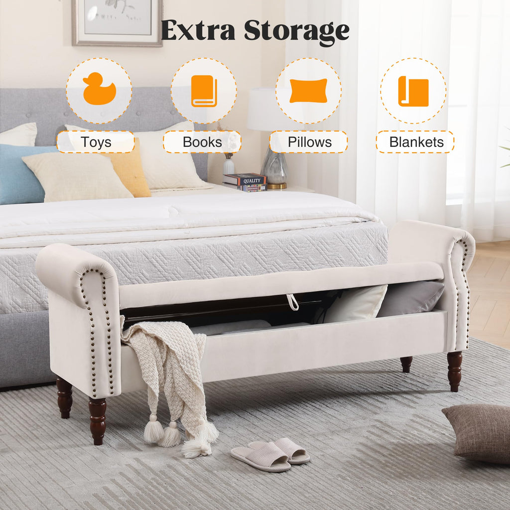 Storage Bench for Bedroom, 67" End of Bed Bench King Size, Velvet Bedroom Bench with Storage, Upholstered Tufted Storage Ottoman Benches with Arms for Bedroom, Entryway, Living Room, Beige