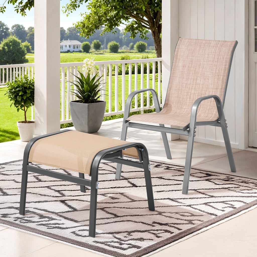 ONBRILL Outdoor Ottoman Set of 2, All Weather Outdoor Foot Stool with Supportive Textliene and Metal Frame, Stackable Oversized Outdoor Foot Rest for Furniture Patio Garden Pool, Beige