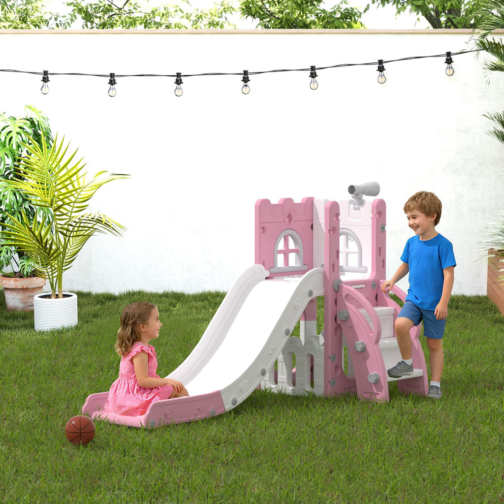 LulliSpace 6 in 1 Toddler Slide,Kids Playset for Toddlers Indoor Outdoor, Baby Slide with Basketball Hoop, Telescope & Storage Space,Non-Slip Steps for Great Gift