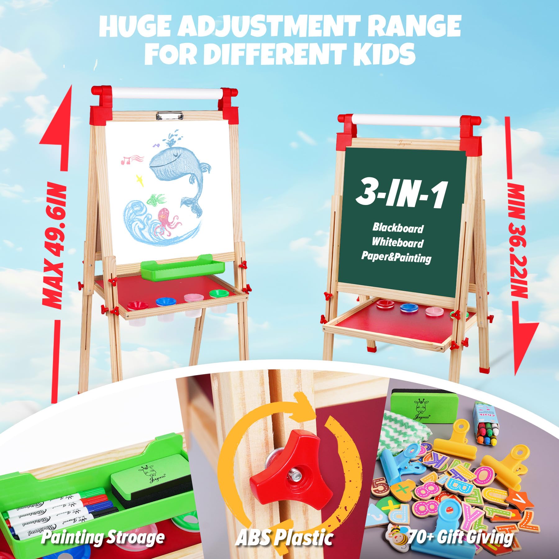 JOYOOSS Easel for Kids Art Easel Kids Easels for Toddlers,Wooden Kid Easel with Paper Roll - Adjustable Magnetic Double Sided Kids Dry Erase Board,Birthday Gifts for 1-12 Year Old Girls or Boys Blue