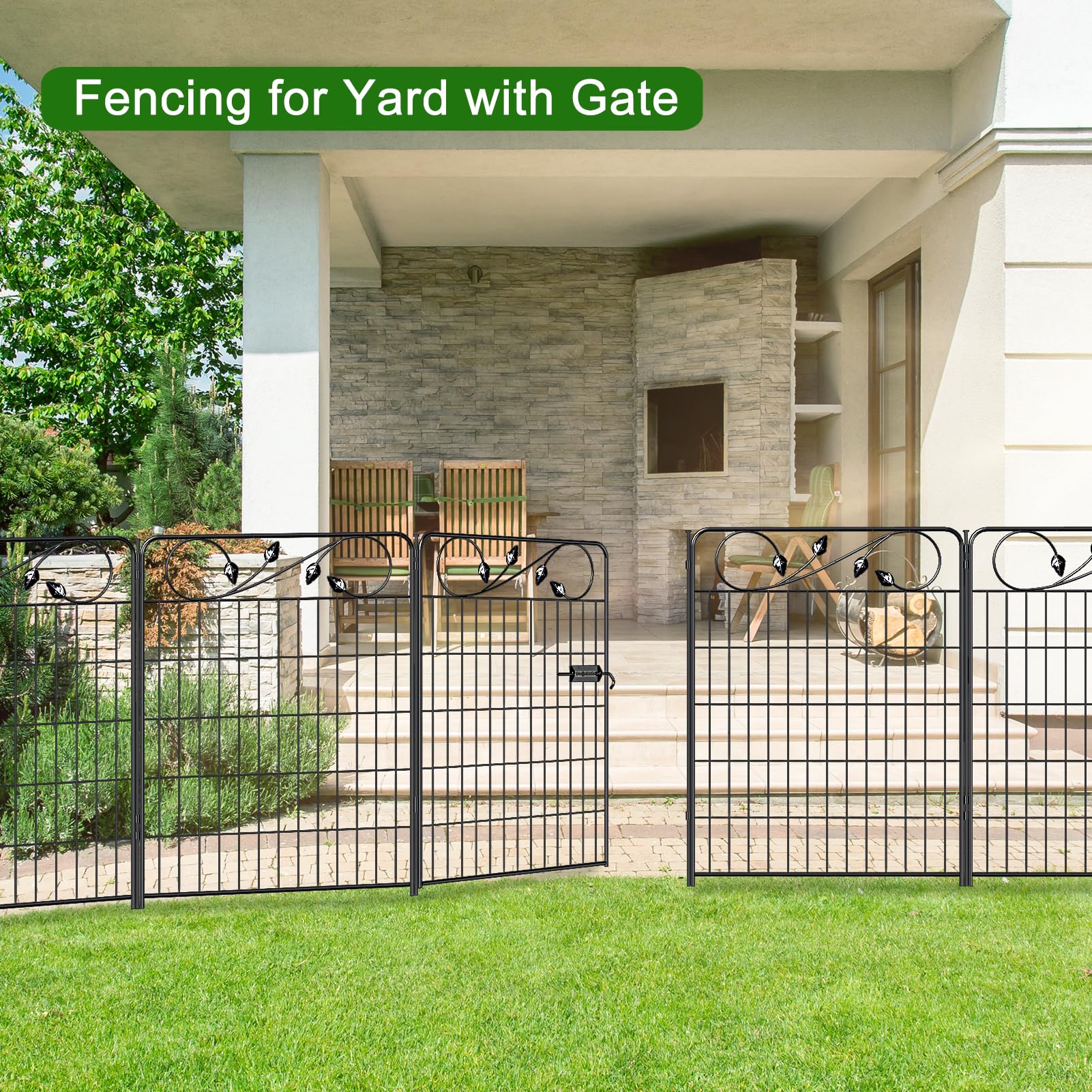 FOREHOGAR Decorative Metal Garden Fence 24in(H) X10ft(L) 5 Panels Leaf Black Rustproof Wire Border Fence for Landscape Patio Flower Bed Garden Fencing Panel Animal Barrier for Dogs