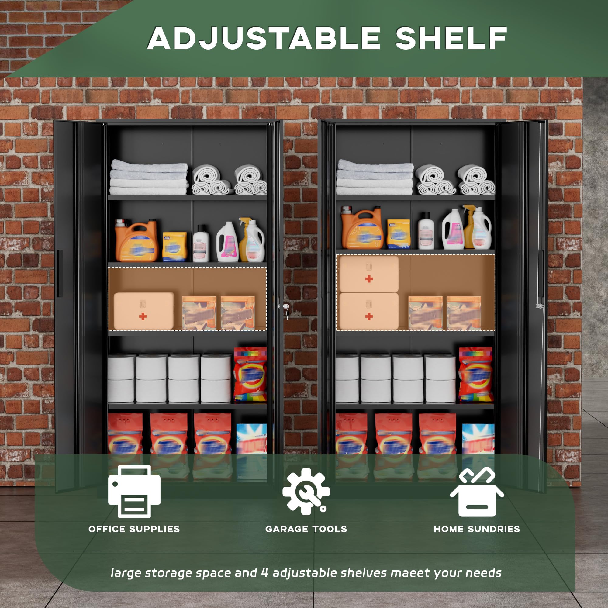 Greenvelly Metal Storage Cabinet, 36" Locking Storage Cabinet with Doors and Shelves, Lockable Storage Cabinets for Home Office, Utility Locker Cabinet, Steel Garage Cabinet with 2 Keys, Black