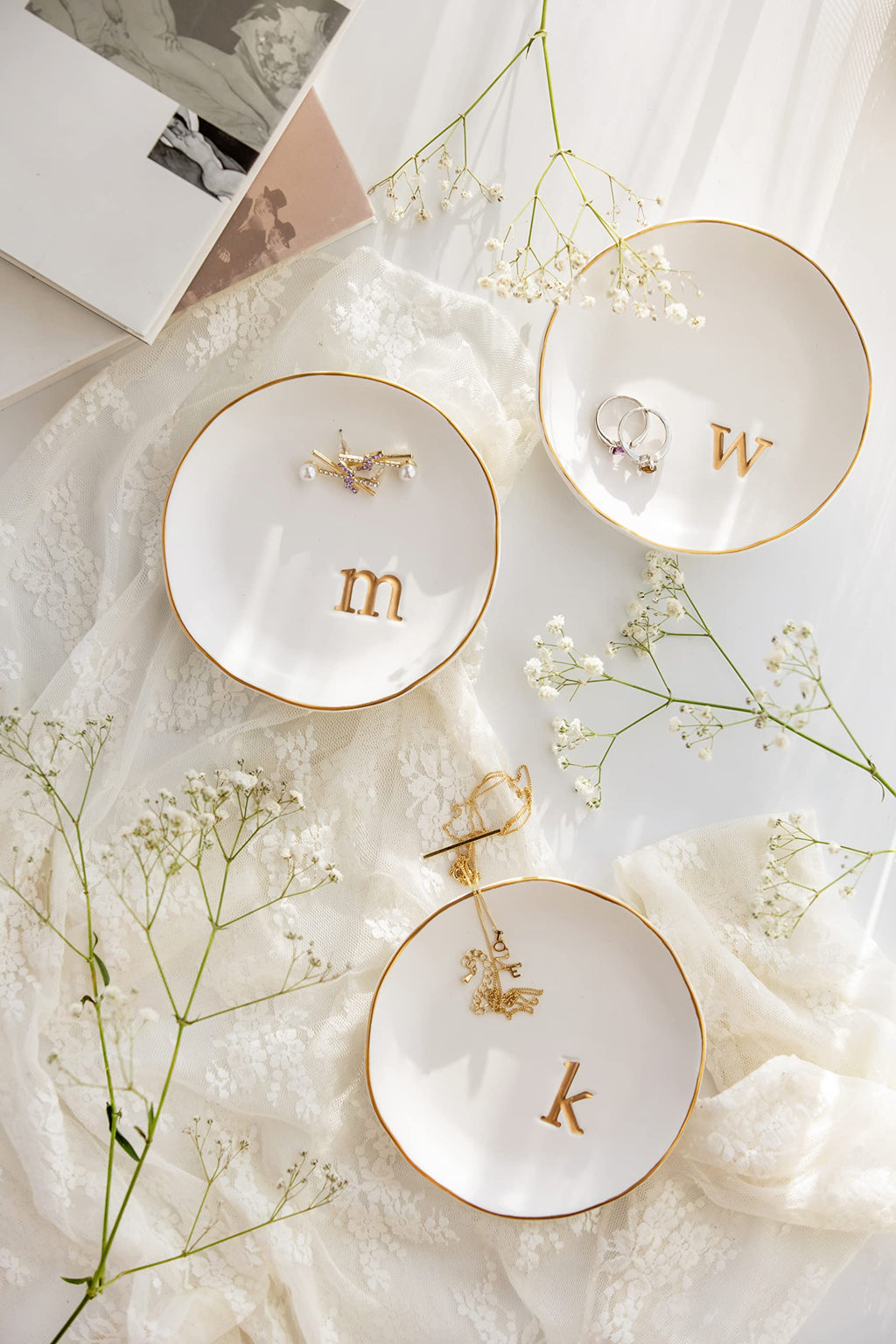 COLLECTIVE HOME - Ceramic Jewelry Tray, Decorative Trinket Dish for Rings Earrings Necklaces Bracelet Watch Keys, Birthday Mother's Day Christmas Gift for Women, 4.75", White Surface (A)