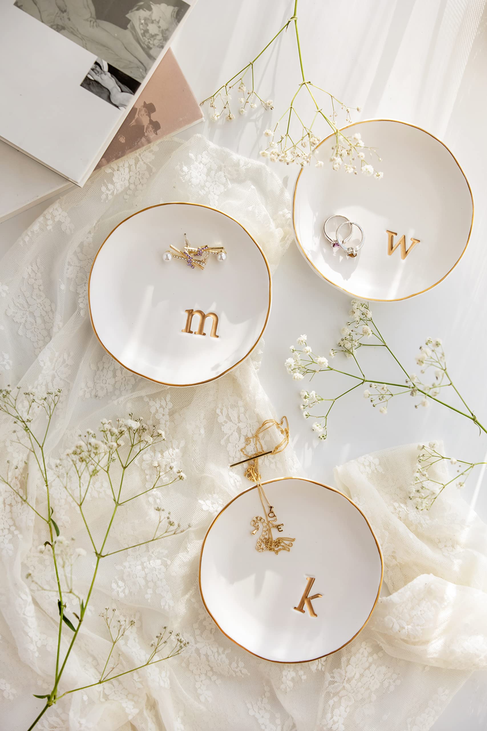 COLLECTIVE HOME - Ceramic Jewelry Tray, Decorative Trinket Dish for Rings Earrings Necklaces Bracelet Watch Keys, Birthday Mother's Day Christmas Gift for Women, 4.75", White Surface (A)