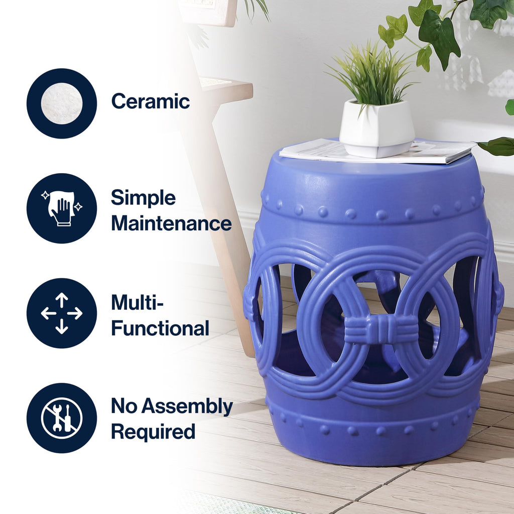 JONATHAN Y Lucky Coins 16" Ceramic Garden Stool, Contemporary Blue/White Cutout Interlocking Rings Drum Indoor/Outdoor Side Table and Plant Stand for Patio, Garden, Living Room TBL1027A
