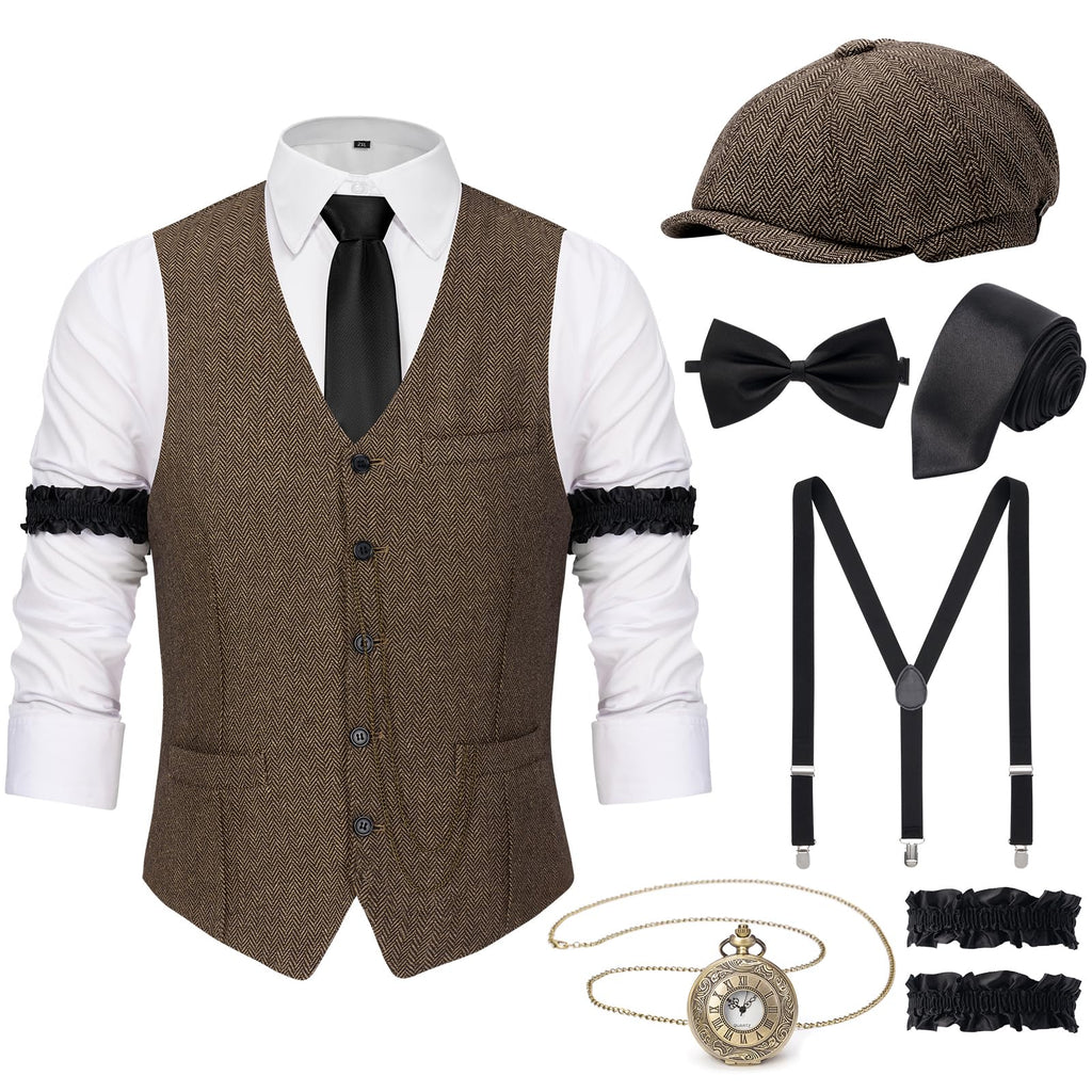 YESSA 1920s Mens Costume,Roaring 20s Costumes for Men,Gatsby Costume Men,1920s Mens Outfit Hat Vest Pocket Watch Tie