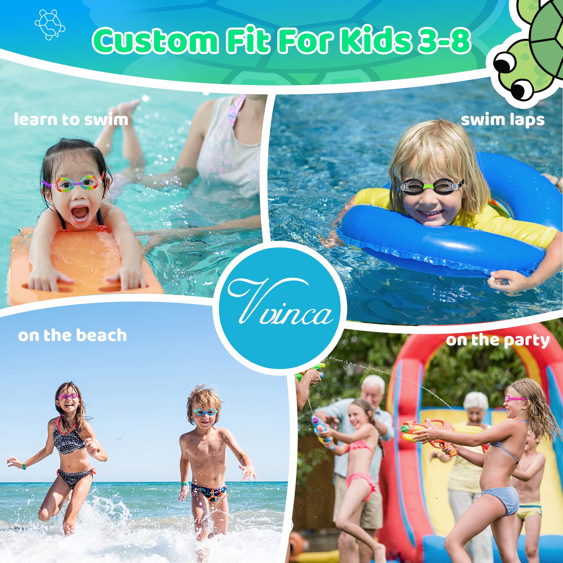 Vvinca Kids Swim Goggles with Fabric Strap No Tangle Pain-Free, Anti-Fog Swimming Pool Goggle No Leak for Toddlers Girls Boys