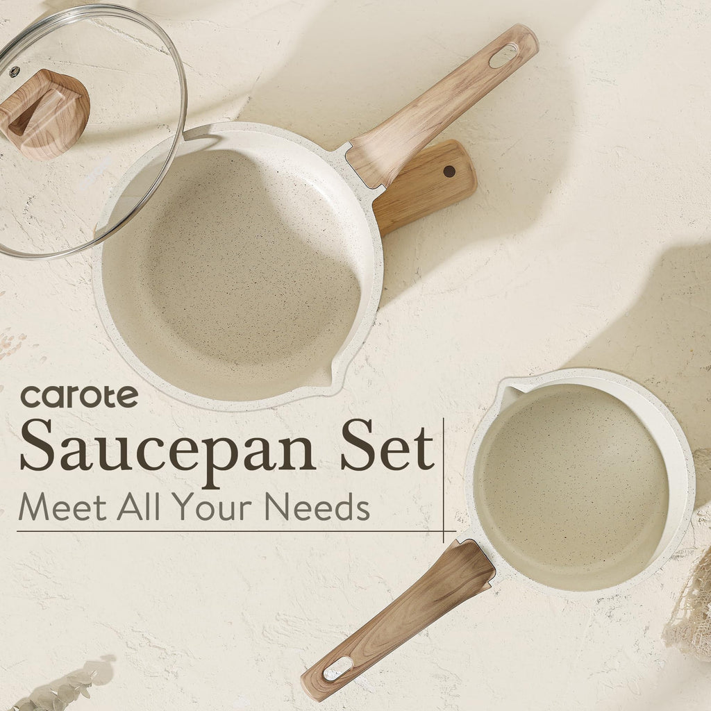 CAROTE 1.5Qt & 3.0Qt Sauce Pan Sets with Lid Cooking Pots Nonstick Saucepans Cookware Set with Pour Spout Small Kitchen Pot, Induction Comptable, Easy to Clean, PFOA FREE (Classic Granite)