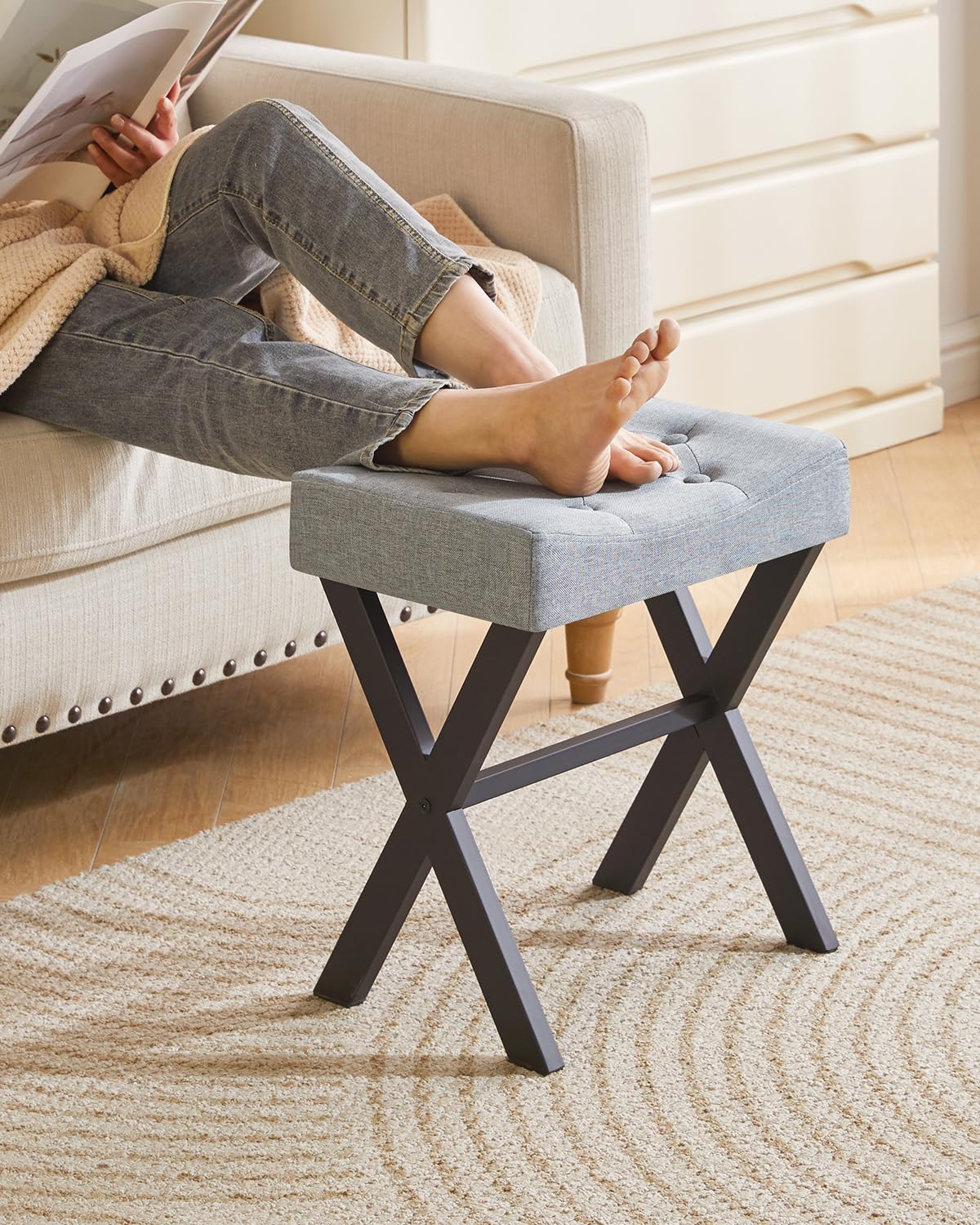 IBUYKE U-Shaped PU Vanity Stool, Square Makeup Chair with X-Leg, Ottoman Seat Footrest Stool, Multi-Use as Small Side Table, for Bedroom, Living Room, Black WBD019B