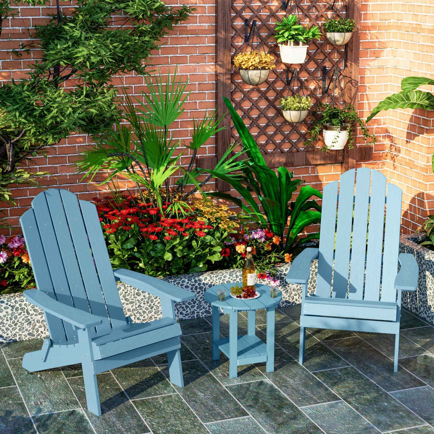 MXIMU Round Outdoor Side Table Adirondack Tables 18 Inch Chairside End Tables with Storage Shelf, 2-Tier Plastic Patio Side Table for Balcony Backyard Lawn (Black, 1 Pack)