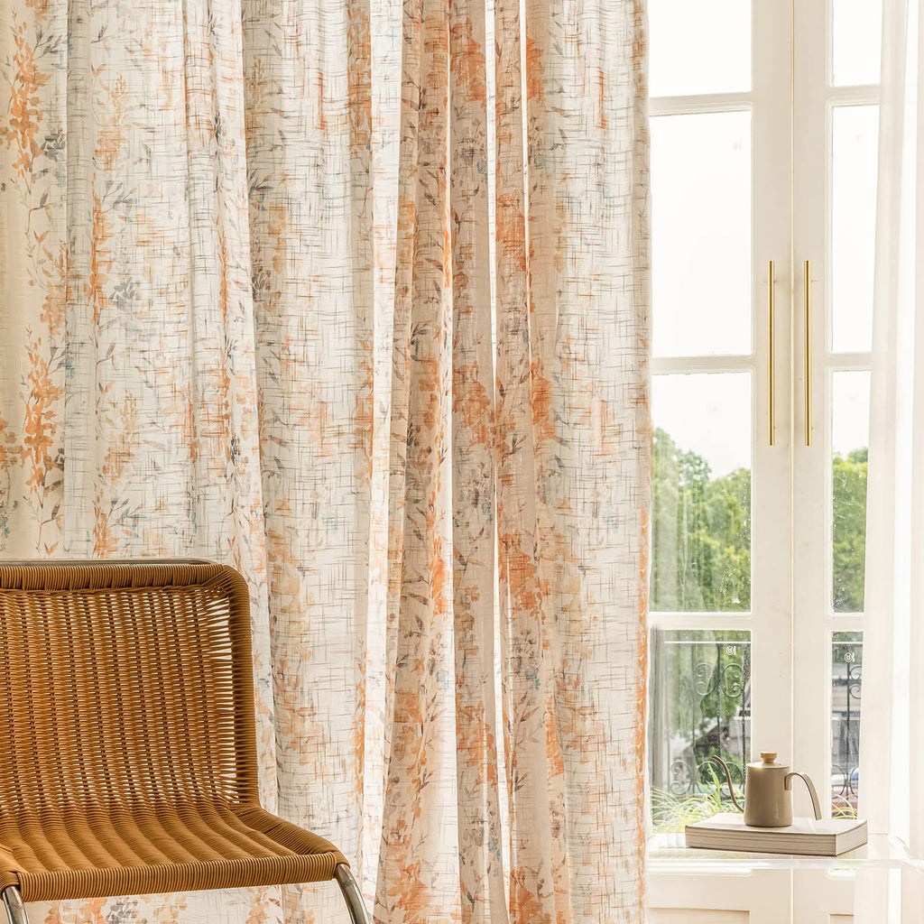 SUOUO Blue Leaf Semi Sheer White Curtains for Bedroom Dining Living Room Linen Textured 84 inches Long Rod Pocket Boho Window Drapes 2 Panels