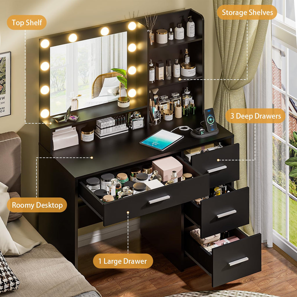 Vanity Desk with Lighted Mirror, Black Vanity with 4 Drawers,Makeup Vanity with Storage Shelves and Power Outlet,10 Lights with 3 Color Modes Brightness Adjustable for Girls’ Bedroom (Black)