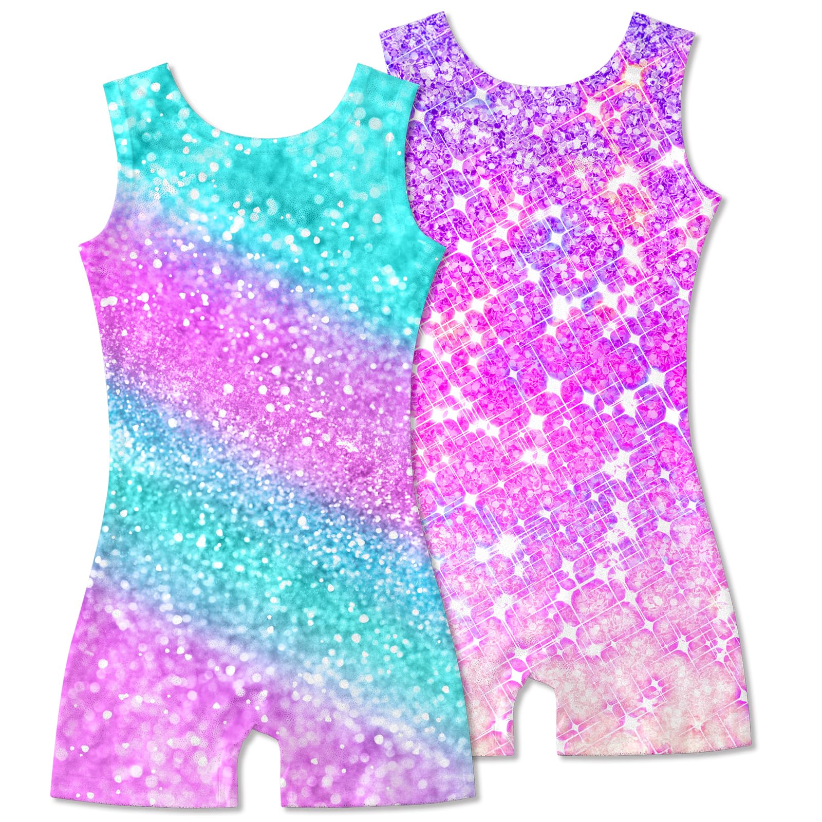 2 Packs Gymnastics Leotards for Girls Mermaid Leopard Dance Leotard Kids Biketard with Shorts
