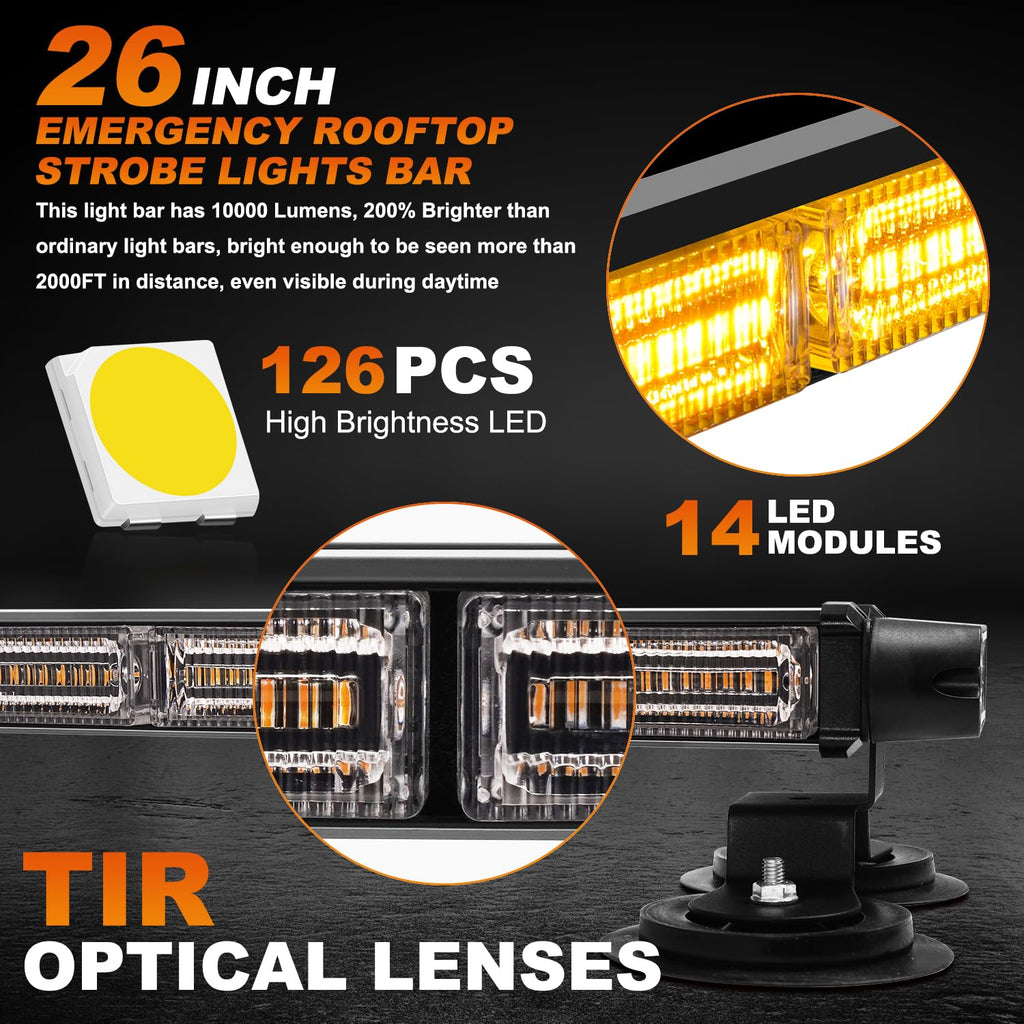 ASPL 26inch 126 LED Rooftop Emergency Strobe Lights Bar Double Side Flashing Safety Warning Traffic Advisor Light Bar Hazard Snow Plow Light for Work Trucks Vehicles Construction Tow Pickup(Amber)