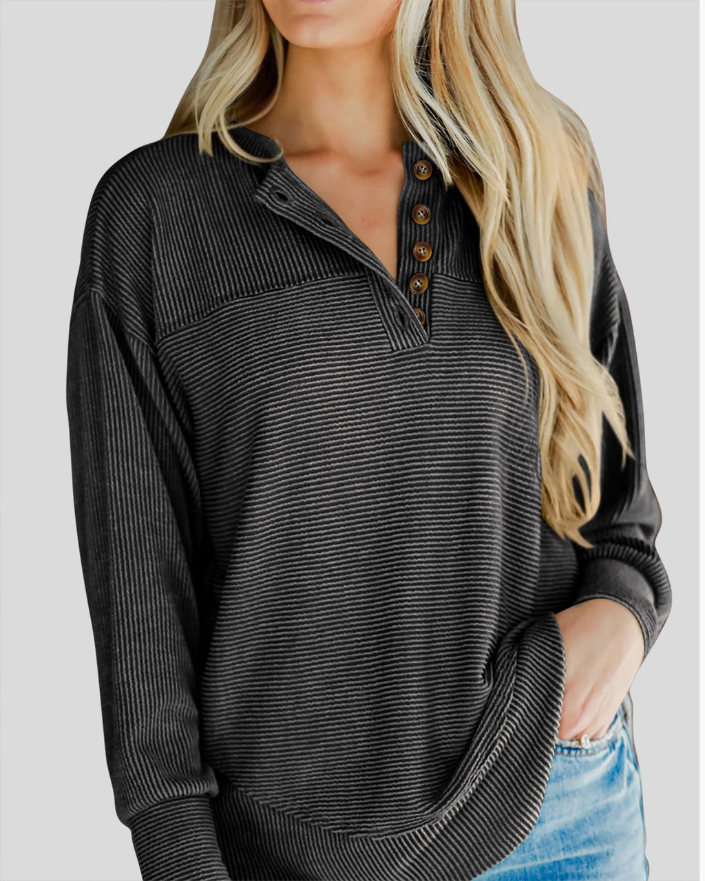 KIRUNDO Going Out Tops for Women Henley Shirts 2025 Casual Ribbed Knit Long Sleeve Tunic Summer Fall Button V Neck Blouse