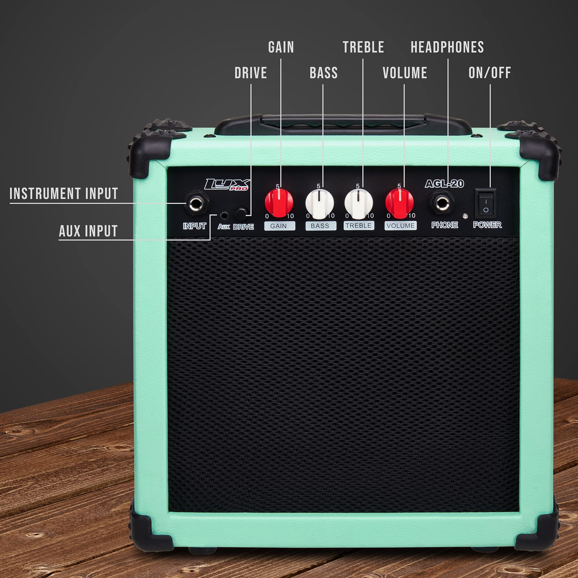 LyxPro Electric Guitar Amp 20 Watt Amplifier Built in Speaker Headphone Jack and Aux Input Includes Gain Bass Treble Volume and Grind - Black