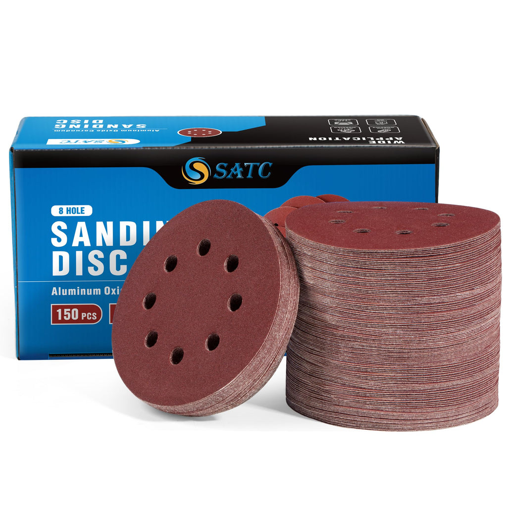 S SATC 72 PCS 5 Inch 8 Hole Hook and Loop Adhesive Sanding Discs Sandpaper for Random Orbital Sander 40 60 80 120 180 240 320 Grits