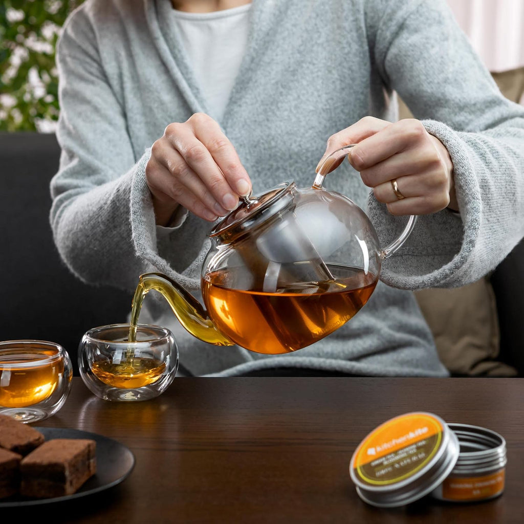 Kitchen Kite Glass Teapot Set with 4 Double Wall Tea Cups & Removable Stainless Steel Infuser, 35oz/1000ml Borosilicate Tea Kettle Stovetop Safe, Loose Leaf & Blooming Tea Maker Gift Set for Women