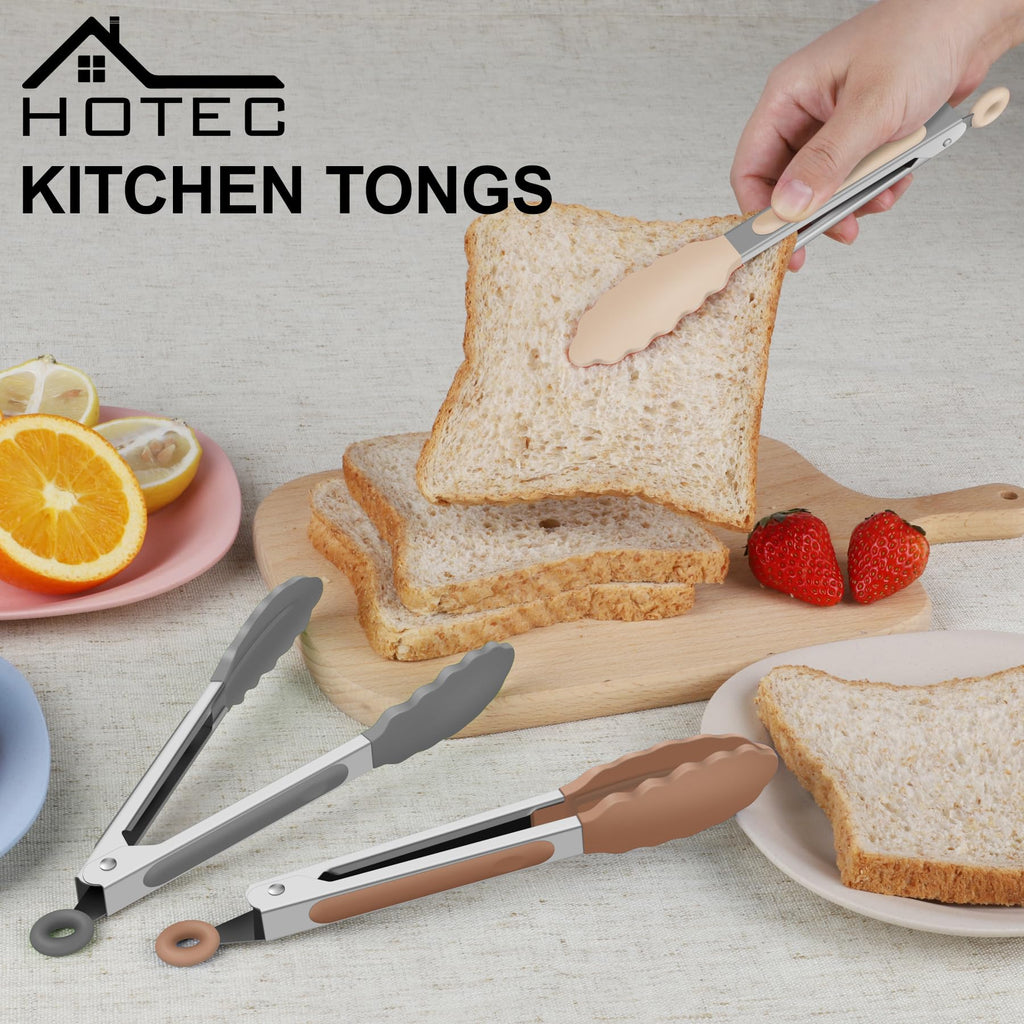Hotec Mini Silicone Kitchen Tongs for Cooking - 7-Inch Small Serving Tongs with Silicone Tips, Set of 3 (Black)