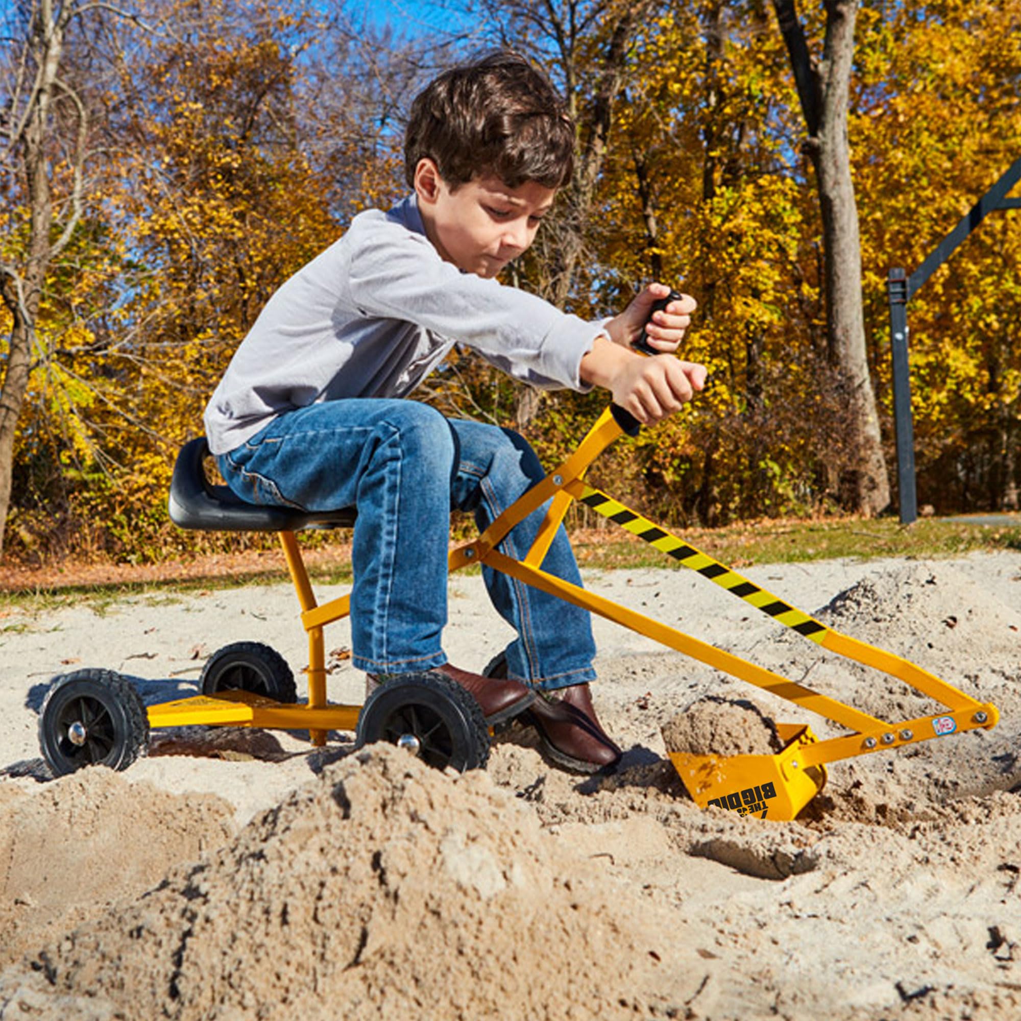 Big Dig Toy Excavator Ride, Sand Digger w/ 360 Rotation Base for Kids Ages 3 & Up, Yellow - Outdoor Playground and Beach Construction Riding Toys for Children