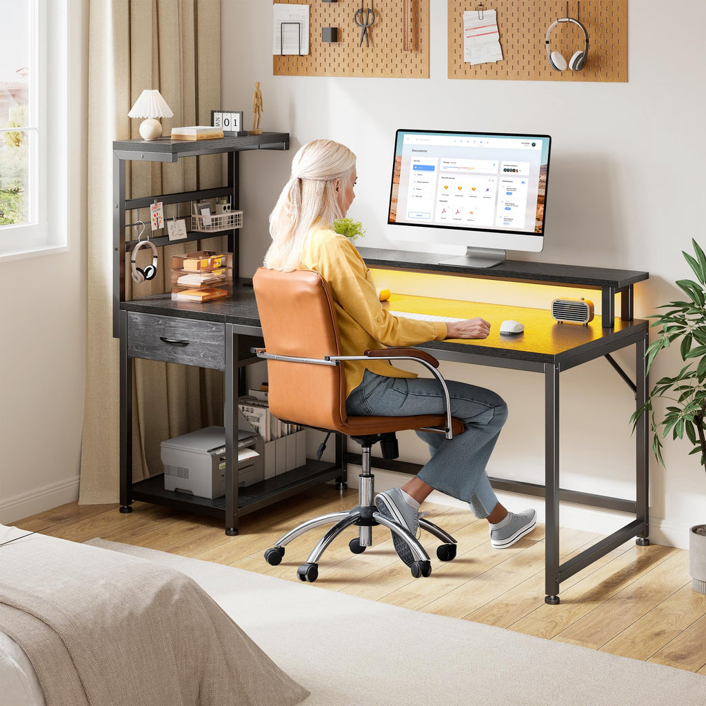 EnHomee 40" Gaming Desk with Power Outlets & LED Lights, Computer Desk with Drawer & Storage Shelve, Home Office Desk with Monitor Stand for Living Room, Study Room, Gaming Room, Black