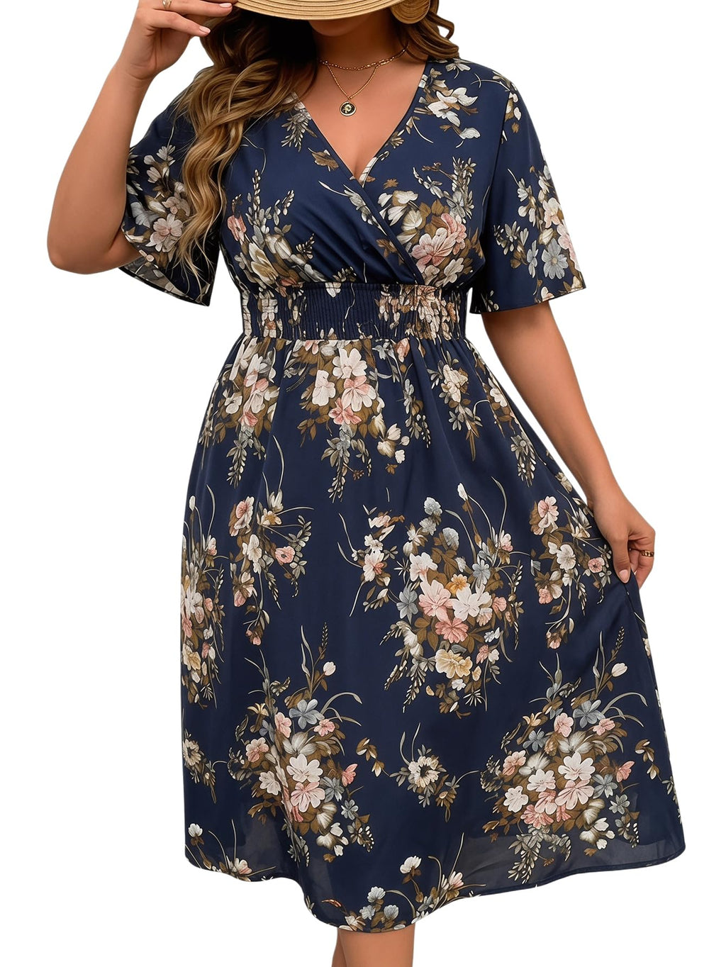 Floerns Women's Plus Size Boho Hawaiian Tropical Dresses V Neck Short Sleeve Floral A Line Long Dress Vacation Beach Outfits
