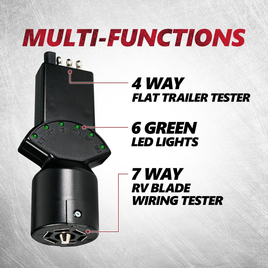 OPT7 7 Pin & 4 Pin Circuit Tester Adapter w/ 6 LED Indicators, 7 Way Blade to 4 Way Flat Trailer Connector w/Secure Tab for Pickup Truck Trailer Tow Hitch, 5.3" Long x 2.36" Diameter