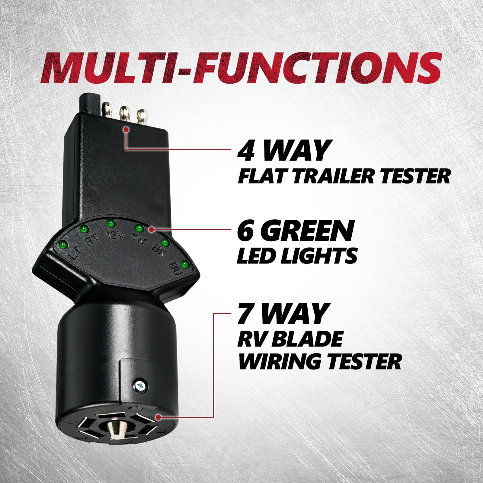 OPT7 7 Pin & 4 Pin Circuit Tester Adapter w/ 6 LED Indicators, 7 Way Blade to 4 Way Flat Trailer Connector w/Secure Tab for Pickup Truck Trailer Tow Hitch, 5.3" Long x 2.36" Diameter
