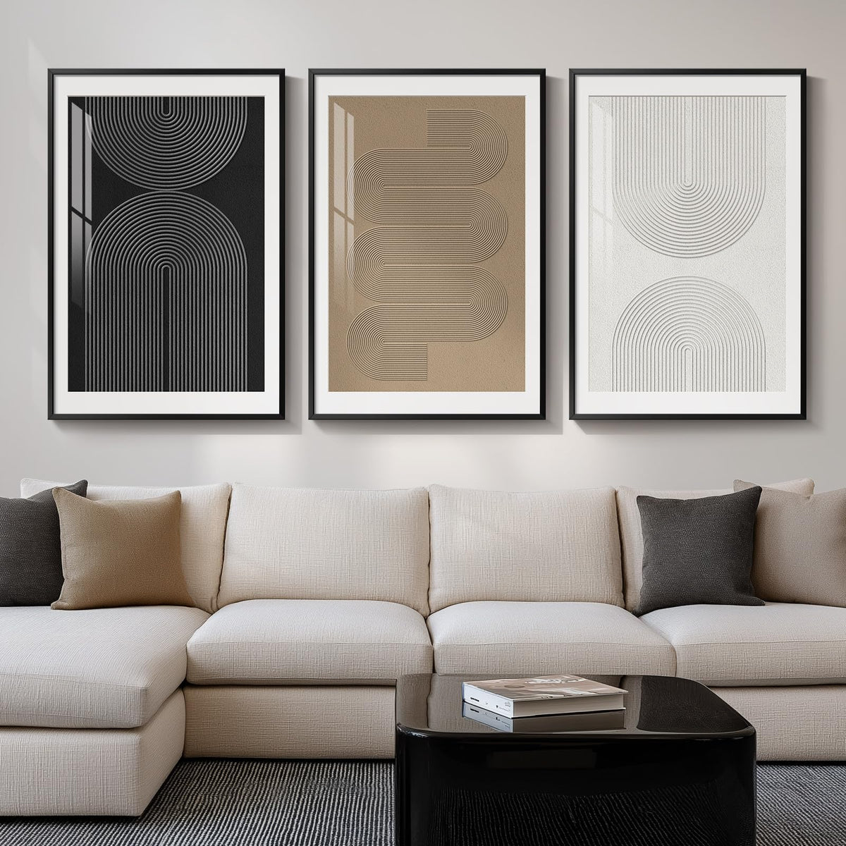 Framed Black and White Modern Abstract Wall Art, 3 Piece Canvas Prints Paintings Artwork for Walls, Minimalist Black White Grey Pictures for Living Room Dining Room Bedroom Office Wall Decor 16x24 In