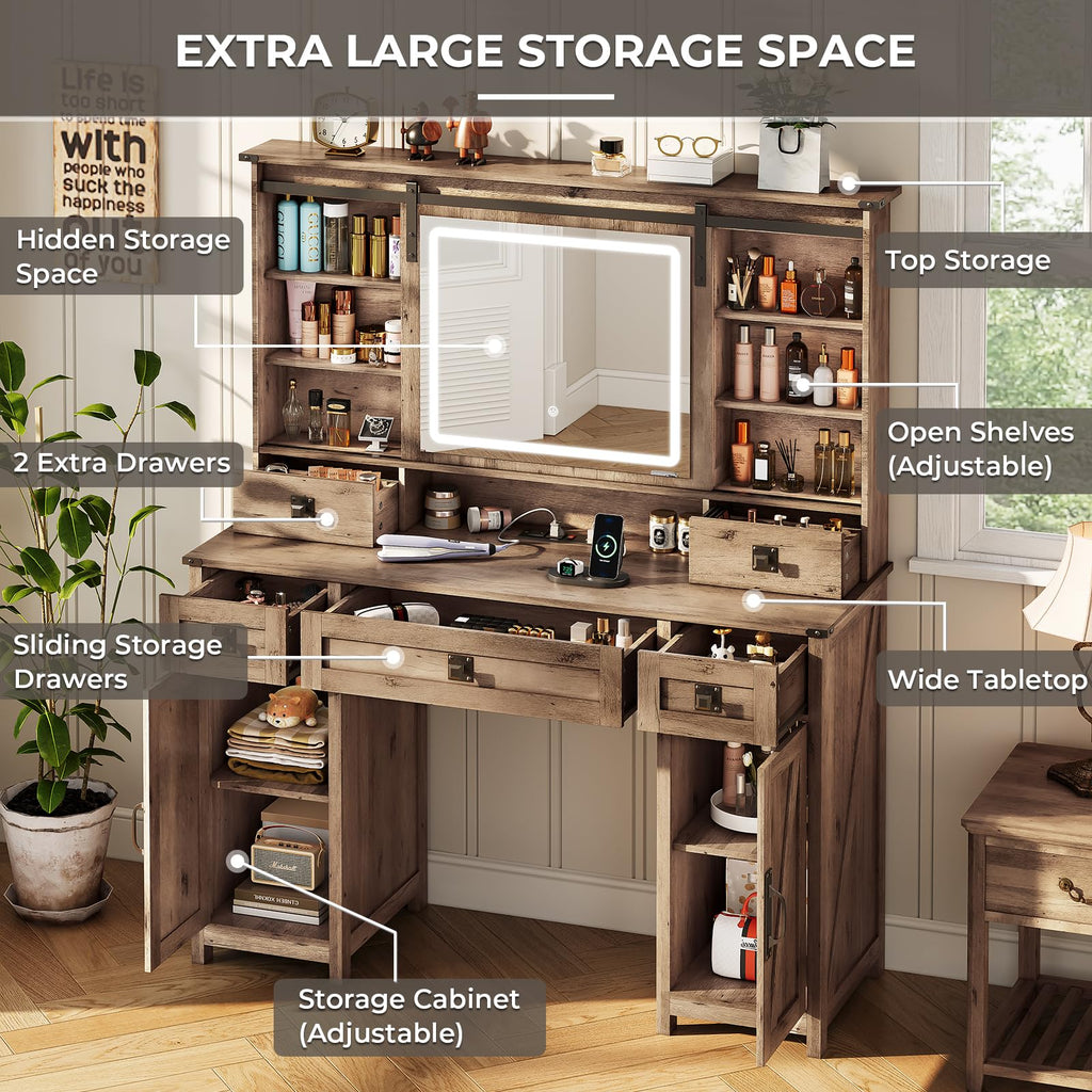 MSmask Makeup Vanity Desk with Lights, 47.2" Farmhouse Vanity Table with Sliding Mirror & Charging Station, Large Makeup Desk with 5 Drawers & 2 Cabinets, Rustic Oak