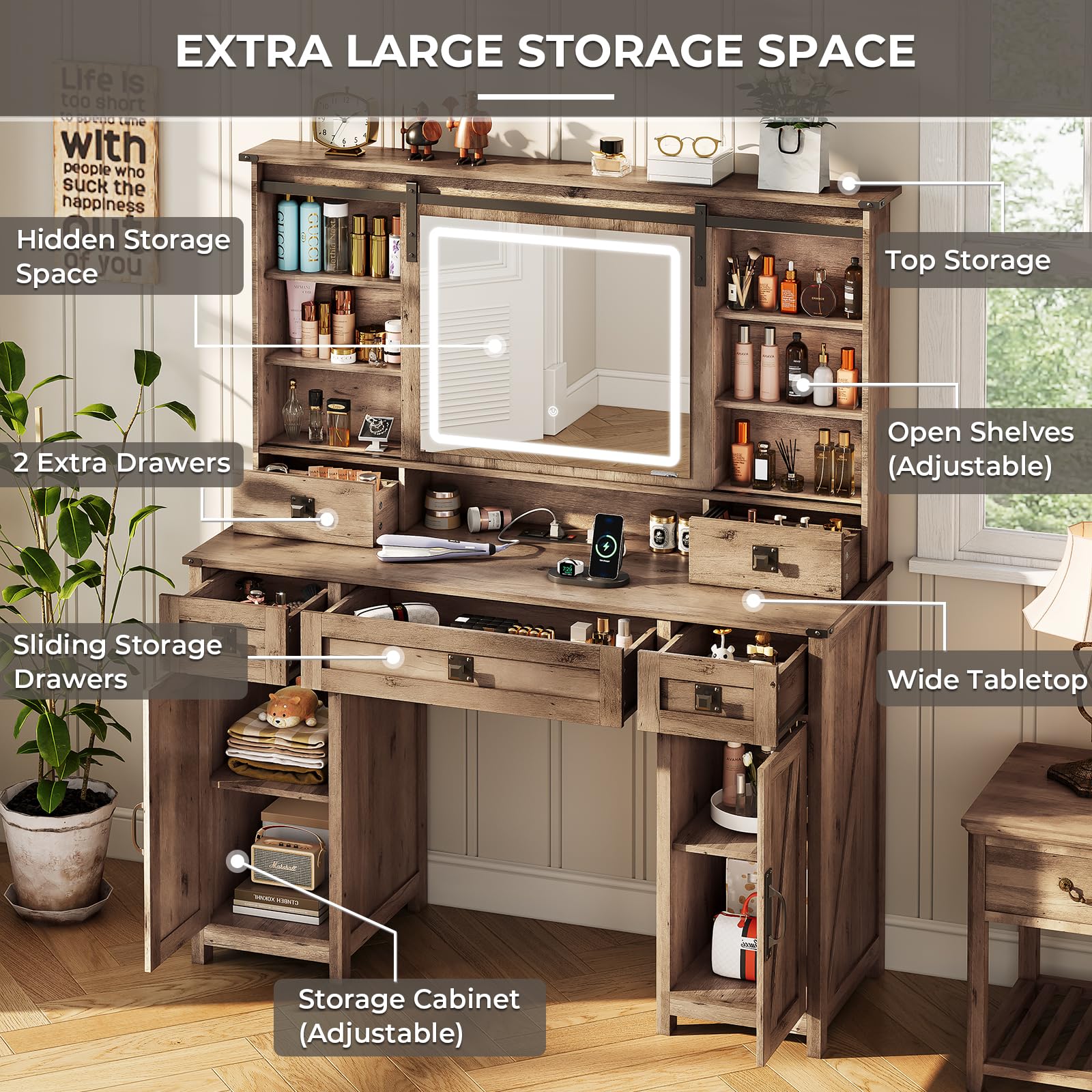 MSmask Makeup Vanity Desk with Lights, 47.2" Farmhouse Vanity Table with Sliding Mirror & Charging Station, Large Makeup Desk with 5 Drawers & 2 Cabinets, Rustic Oak