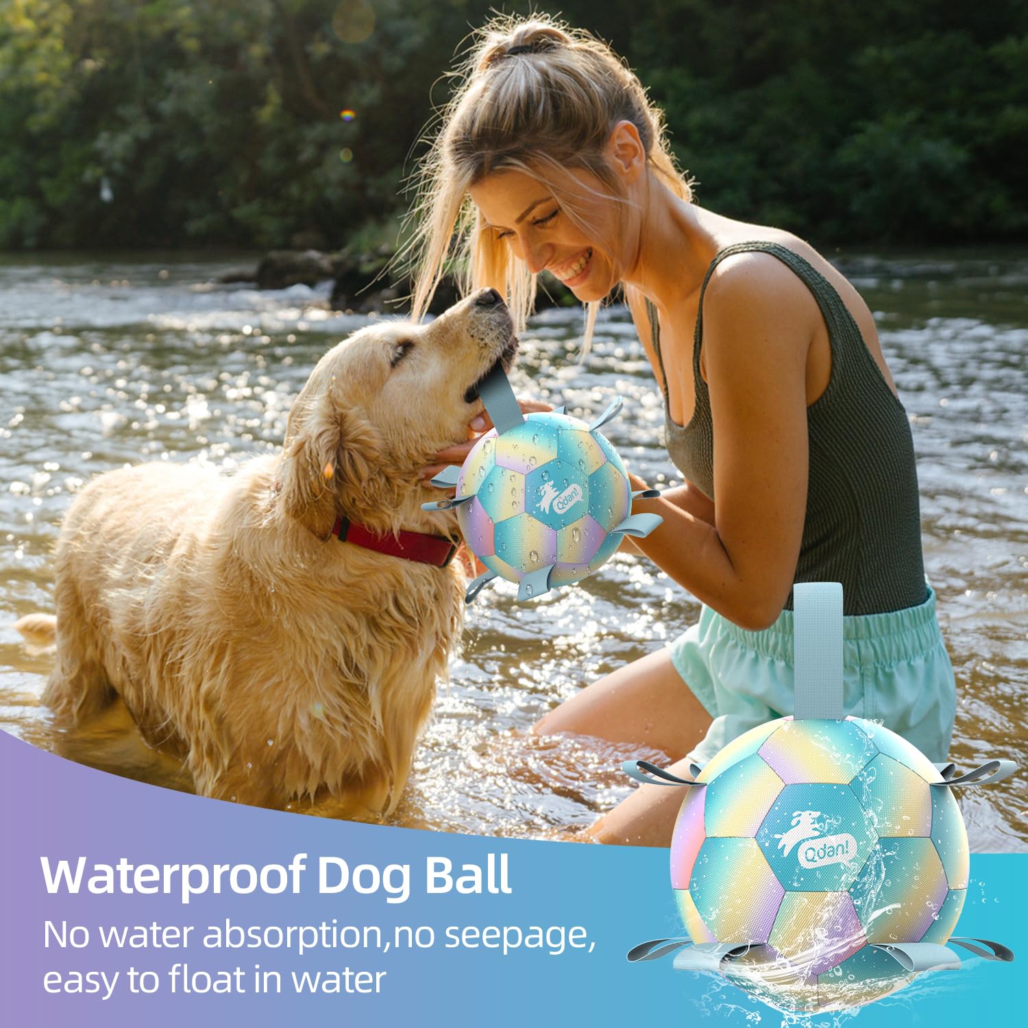 QDAN Dog Toys Soccer Ball with Straps, Durable Dog Balls for Tug of War, Puppy Birthday Gifts, Dogs Water Toy Small Dogs-Rainbow（5 Inch）