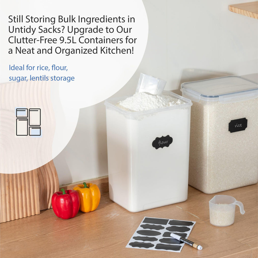 Chef's Path Kitchen Storage Box Set of 4 Extra Large Airtight Food Storage Jars for Sugar Flour Cereal Rice - Measuring Spoons, Pen and Food Preservation Labels (5.2 L)